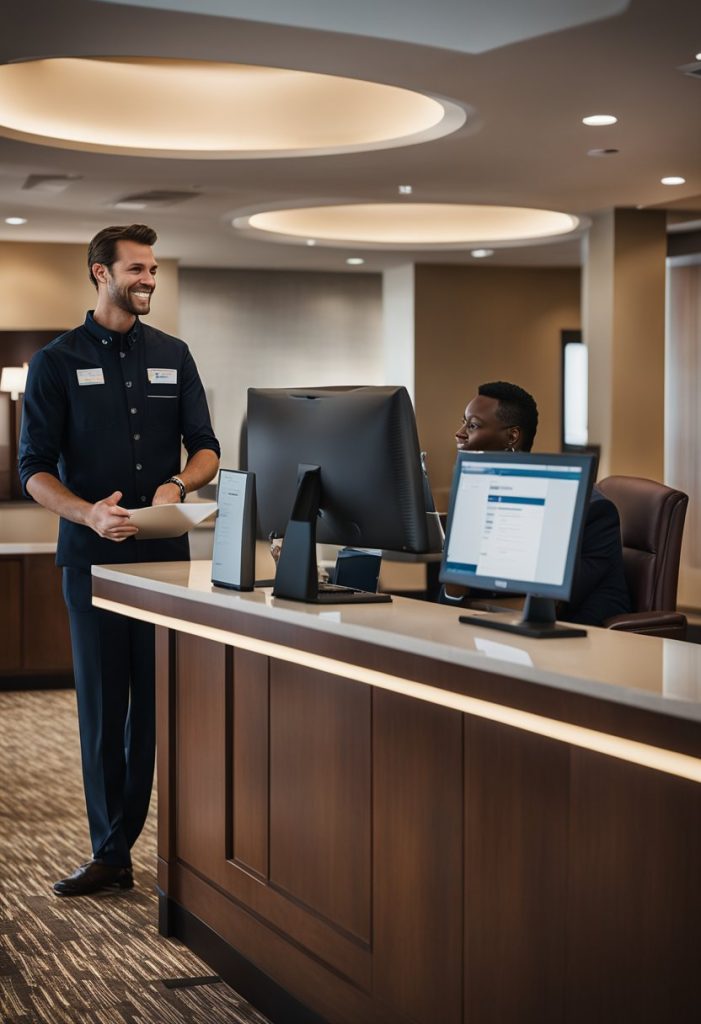 
The front desk agent is checking in a guest, while others are enjoying the amenities in the lobby. The hotel's policies are displayed on a sign next to the desk.
