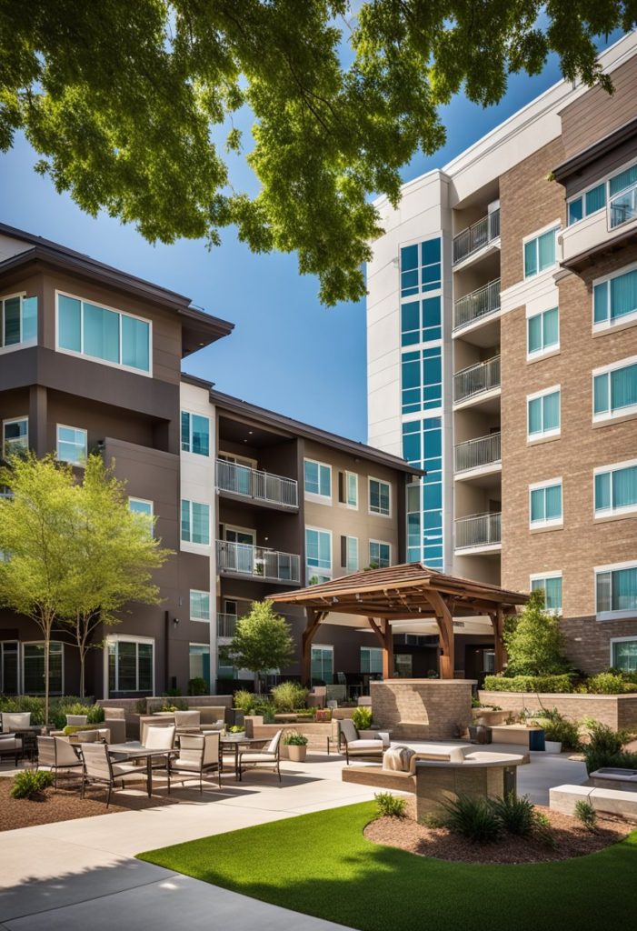 The Residence Inn by Marriott Waco features a modern exterior with a spacious pool area and lush landscaping, surrounded by a backdrop of the Texas skyline