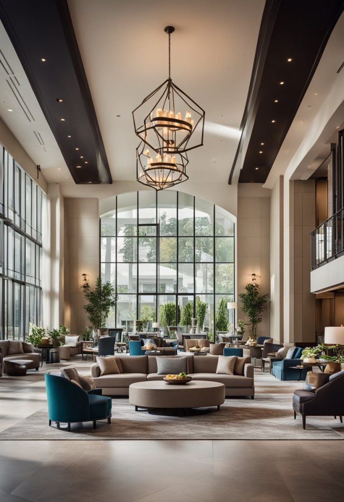 A cozy lobby with a fireplace, plush seating, and a check-in desk. A breakfast area with tables and chairs. Outdoor pool and patio with lounge chairs