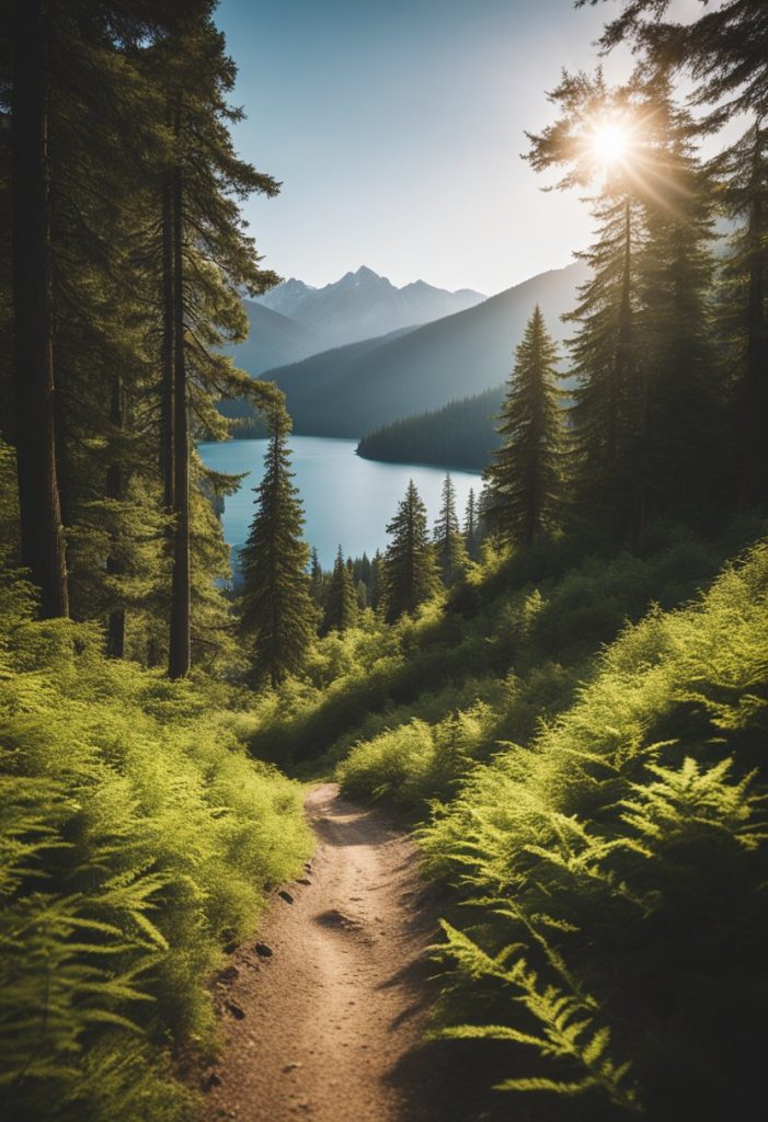 Hiking trail winds through lush forest with sunlight peeking through the trees, leading to a tranquil lake surrounded by mountains