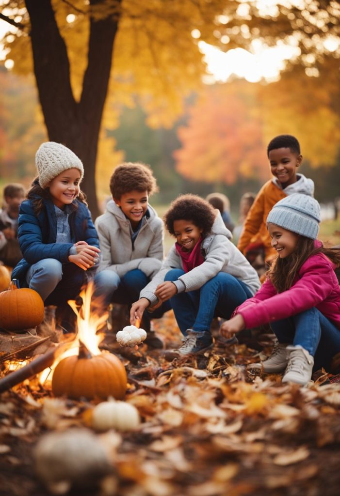 Children roasting marshmallows over a crackling campfire while others decorate pumpkins and play in the colorful autumn leaves at Camp Fimfo Waco