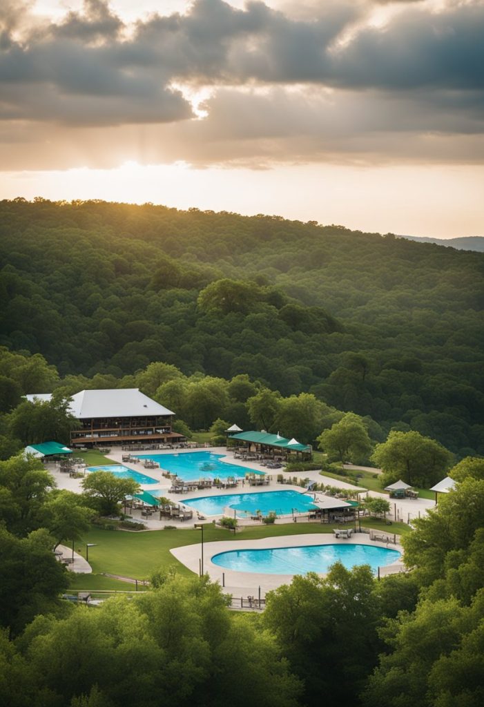 The scene at Camp Fimfo Waco shows a sprawling landscape with various recreational amenities such as a swimming pool, hiking trails, and picnic areas nestled among lush greenery