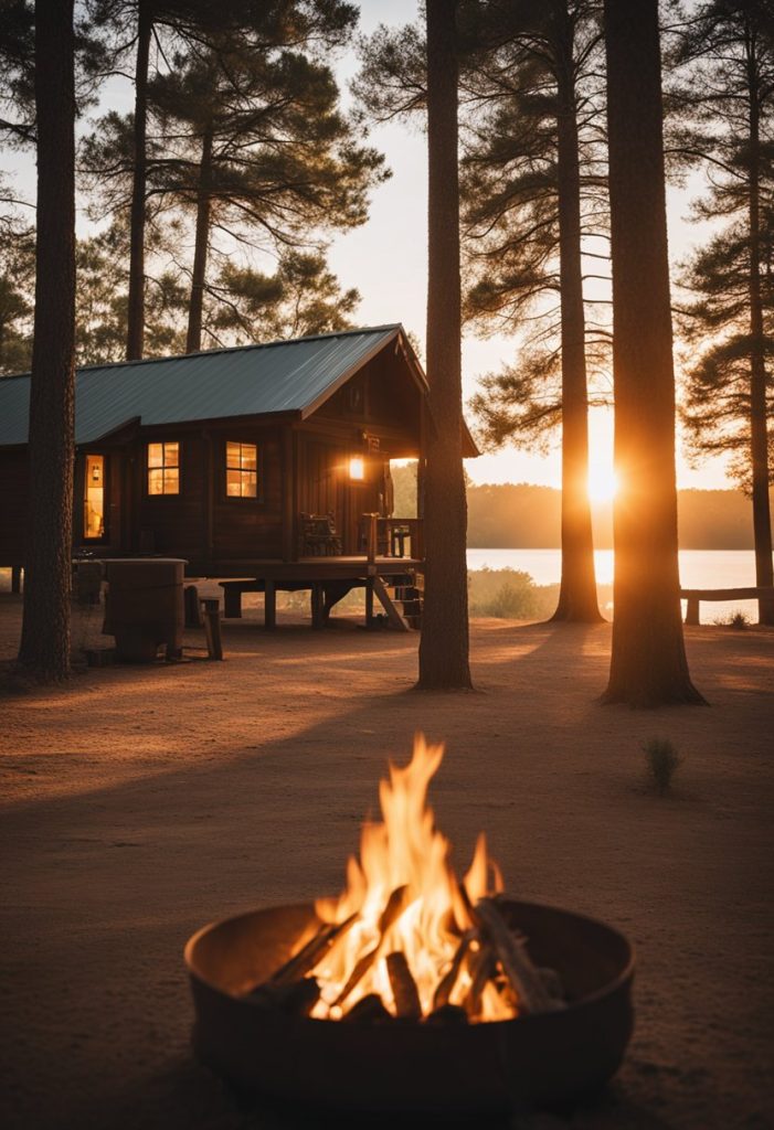 The sun sets behind the tall pine trees, casting a warm glow over the rustic cabins and crackling campfire at Camp Fimfo Waco