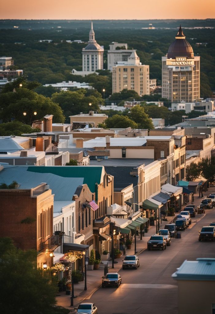Imagine a bustling downtown street lined with lively cafes and shops, surrounded by the vibrant energy of the city, with the iconic Waco skyline in the background.