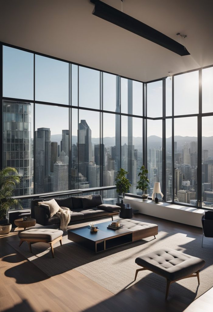 A contemporary loft boasting spacious interiors adorned with large windows, high ceilings, and sleek, minimalist furniture. Through the expansive windows, the urban skyline creates a stunning backdrop, adding to the loft's modern allure.