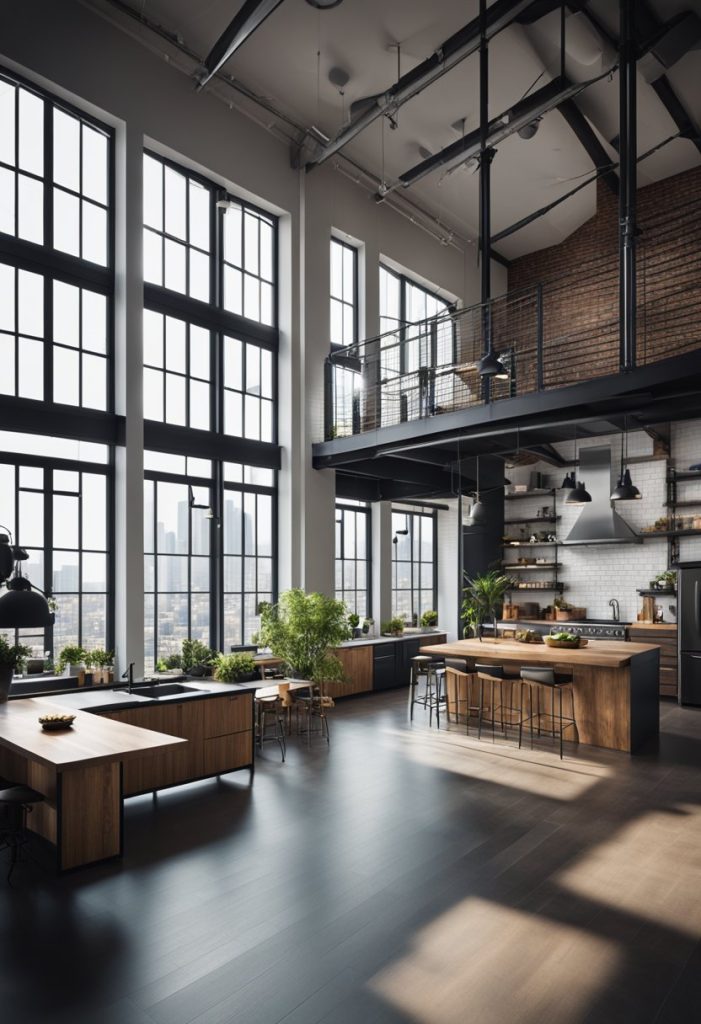 A modern loft with industrial decor, large windows, and city views. Open floor plan with a cozy living area and a fully equipped kitchen