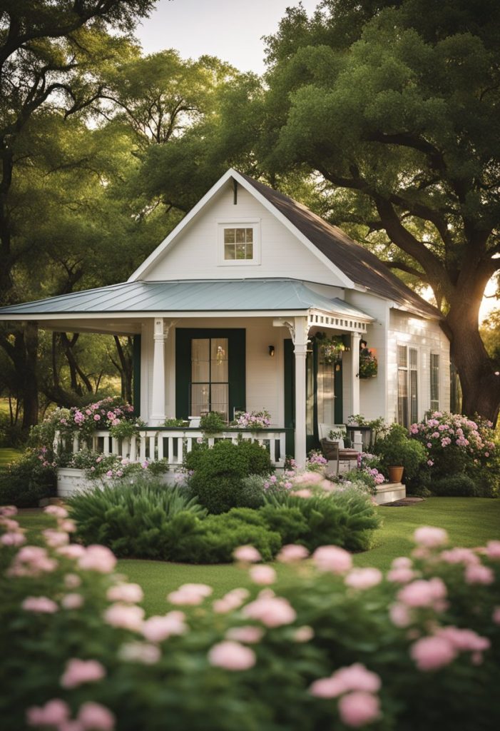 A cozy guesthouse nestled in a serene neighborhood, surrounded by lush greenery and blooming flowers. The quaint studio rental exudes charm with its inviting front porch and warm, welcoming ambiance