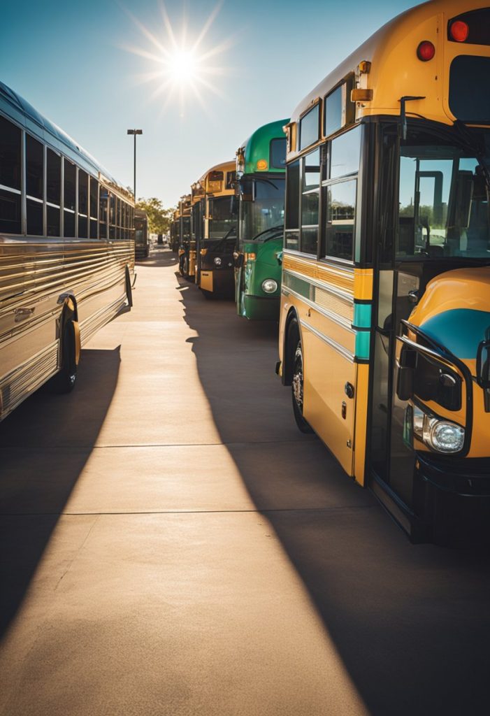 A row of colorful buses lines up at the Waco Public Transportation station, with passengers boarding and disembarking under the bright Texas sun