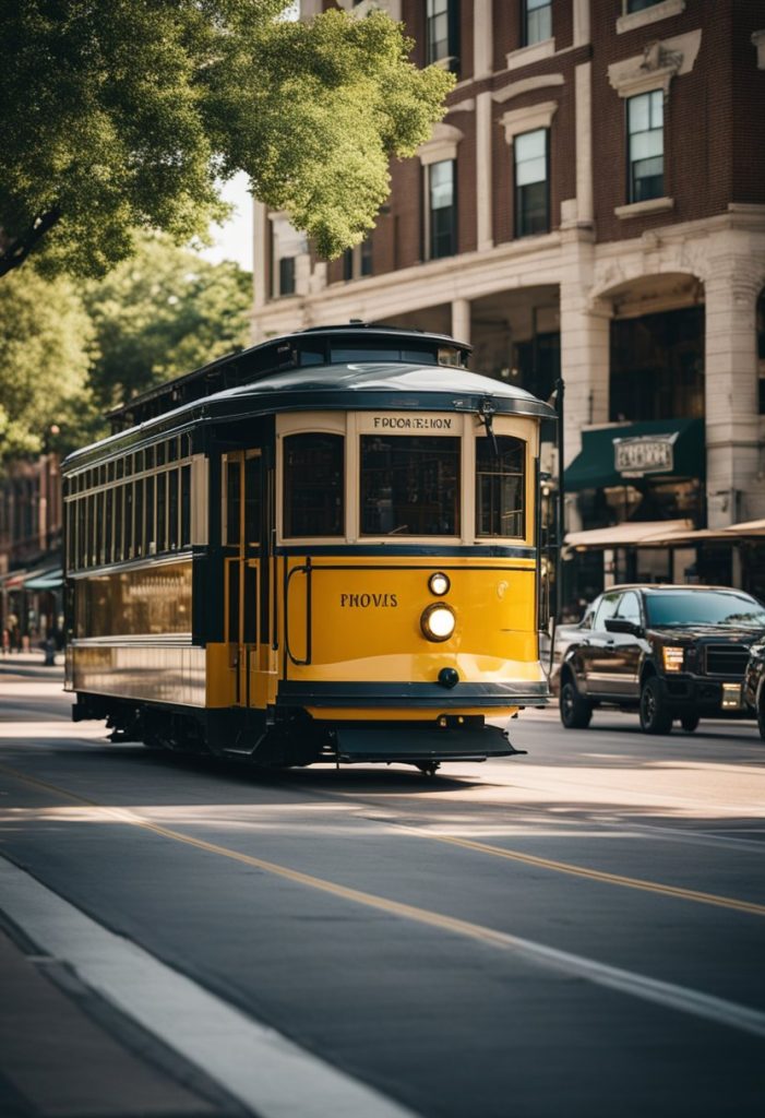 A trolley car moves along the streets of Waco, passing by historic buildings and bustling city life