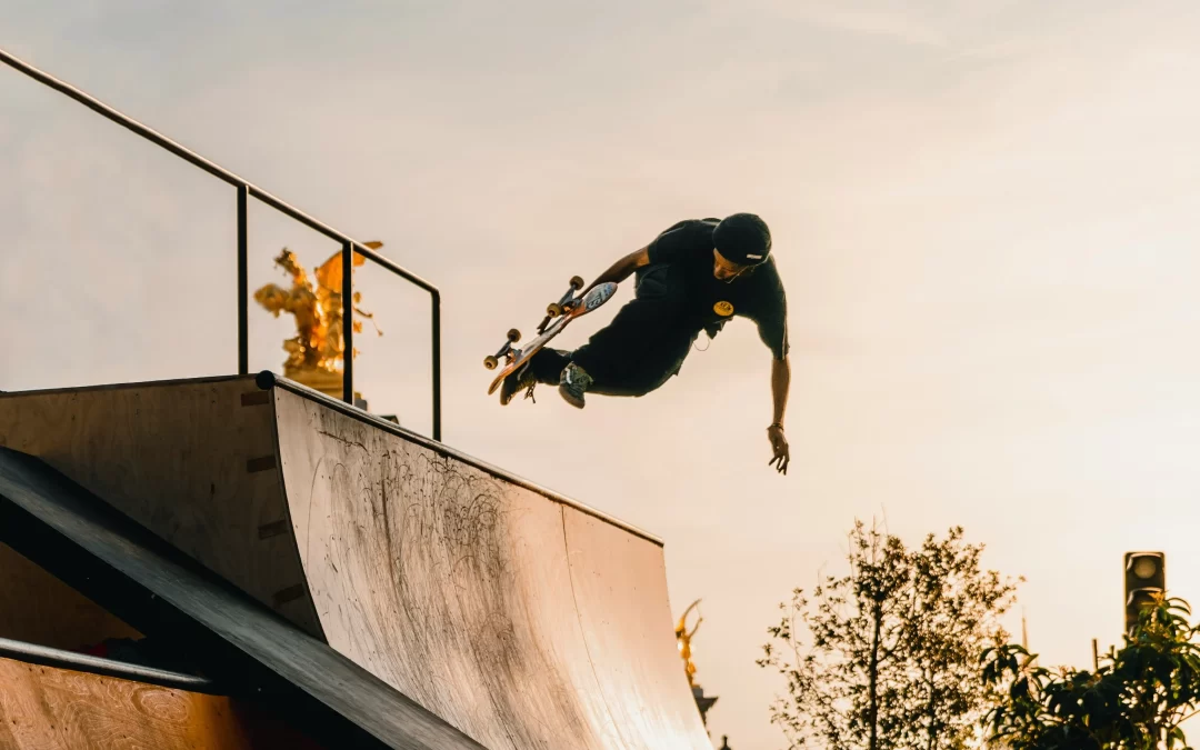 Skateboarders enjoying the ramps and rails at a skate park in Waco, Texas.