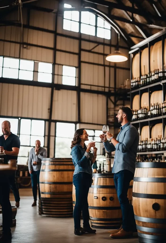 Two individuals participating in a wine tasting tour at Balcones Distilling, surrounded by wooden barrels.