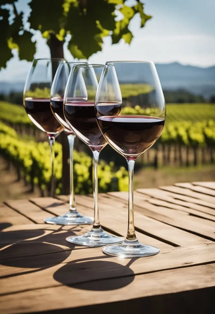 Three glasses of wine on a wooden table with a vineyard in the background.