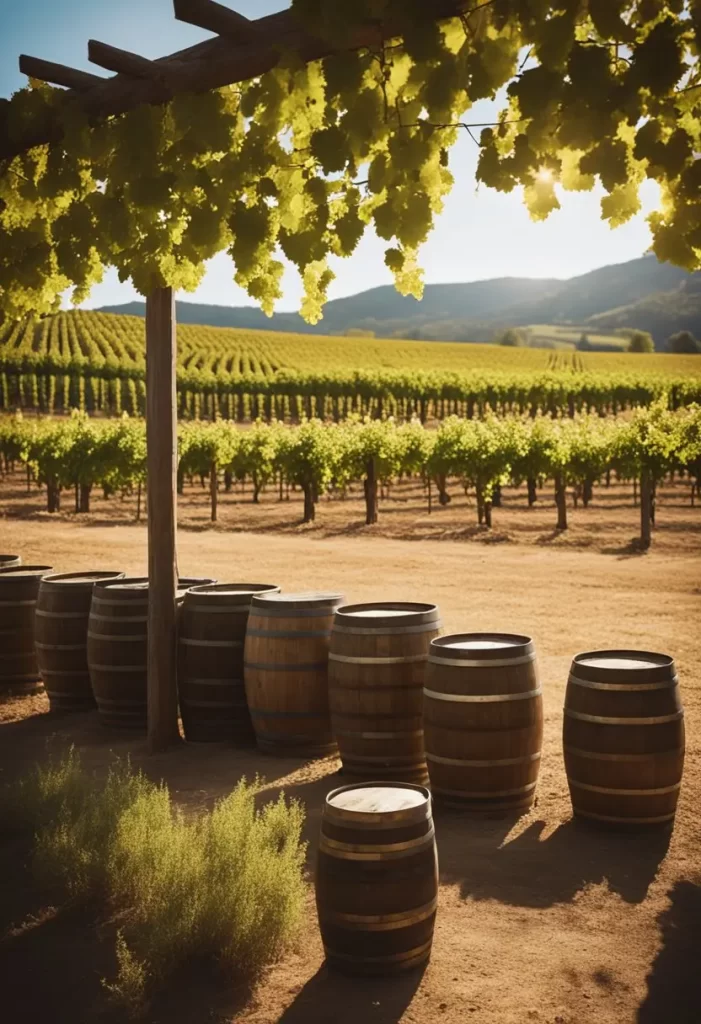 Wooden barrels lined up at Waco Winery & Vineyards with lush grapevines in the background, perfect for Wine Tasting Tours in Waco.