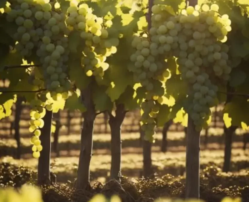 A picturesque vineyard with lush green grapevines under a clear blue sky.