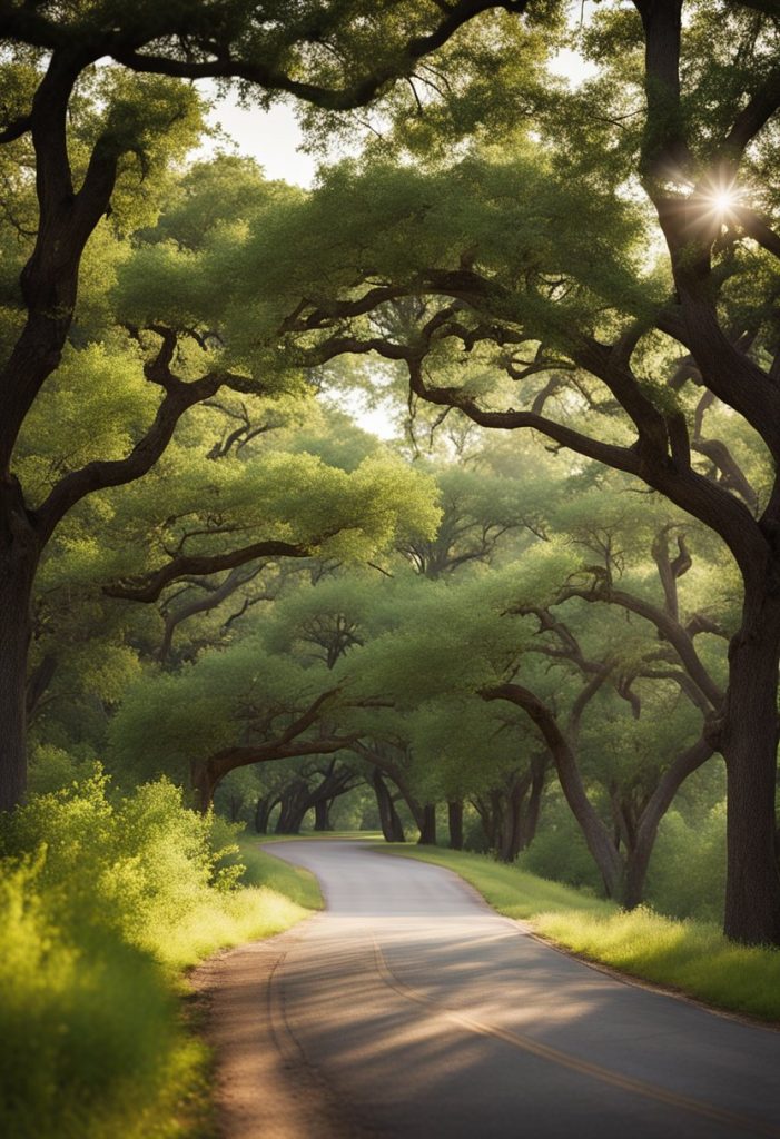 A winding road through Cameron Park leads to Lake Waco, surrounded by lush greenery and tranquil waters