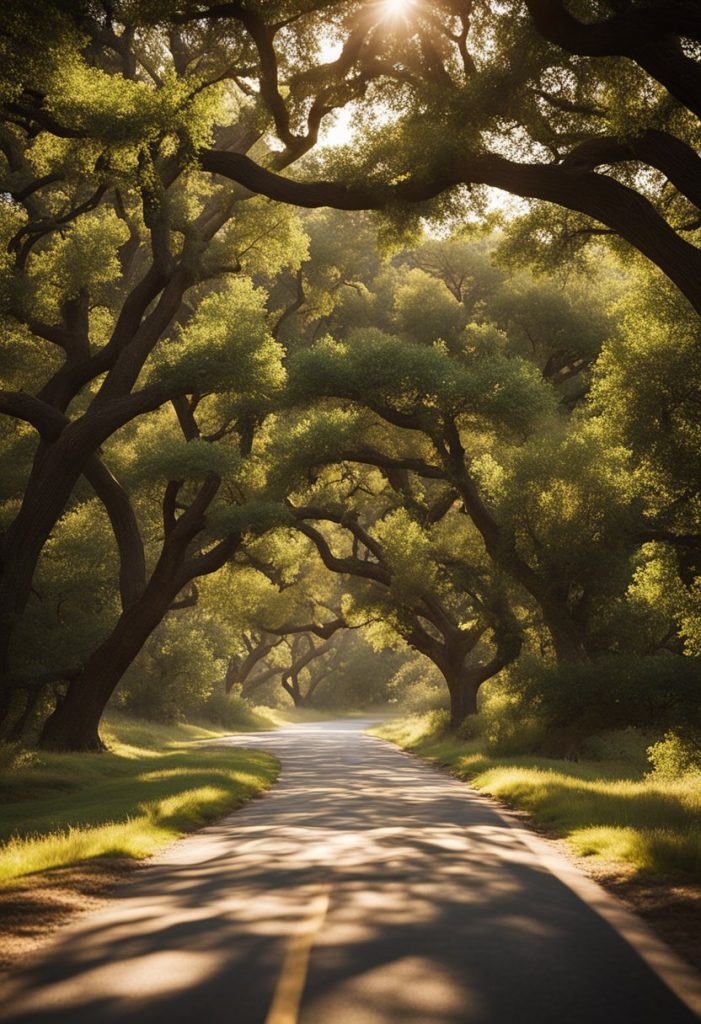 Rolling hills, lush greenery, and winding roads make for scenic drives in Waco. Sunlight filters through the trees, casting dappled shadows on the pavement. A river flows alongside, adding to the picturesque landscape