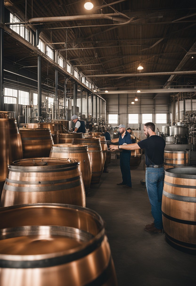 The Waco Whiskey Co. brewery and distillery bustles with activity as workers tend to the copper stills and oak barrels, creating the finest spirits in Waco. Explore the Best Breweries and Distilleries in Waco for a taste of local craftsmanship.