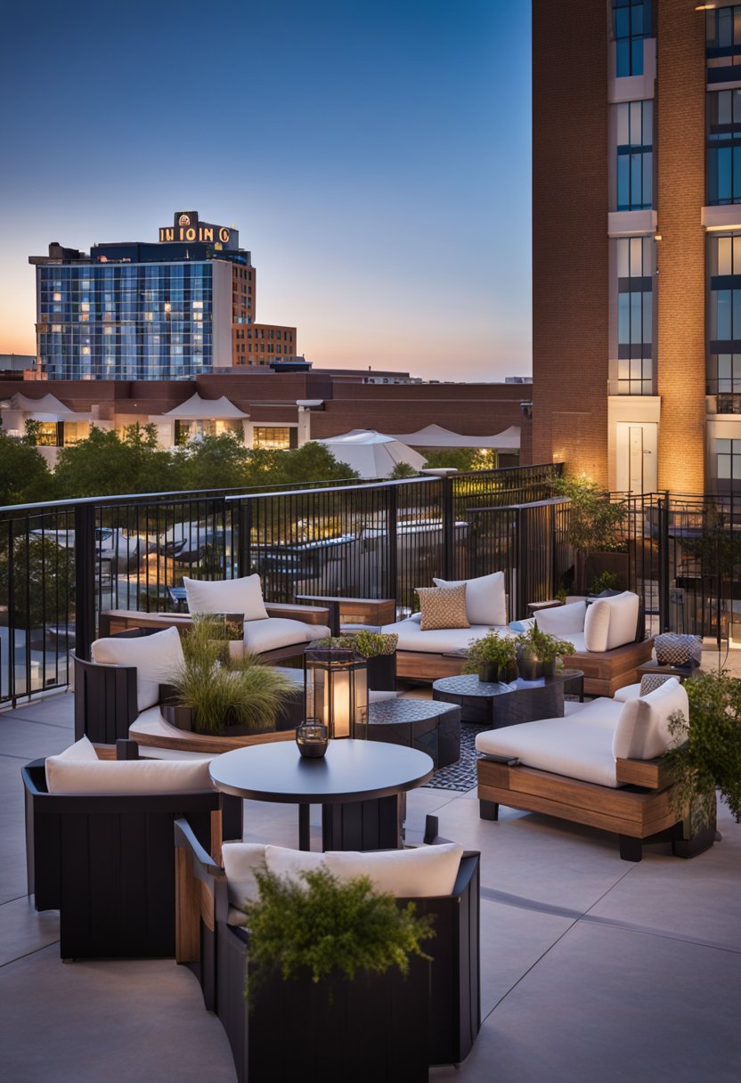 Hotel Indigo Waco - Baylor, IHG Hotel with rooftop bars. Modern building with outdoor seating and city skyline in background