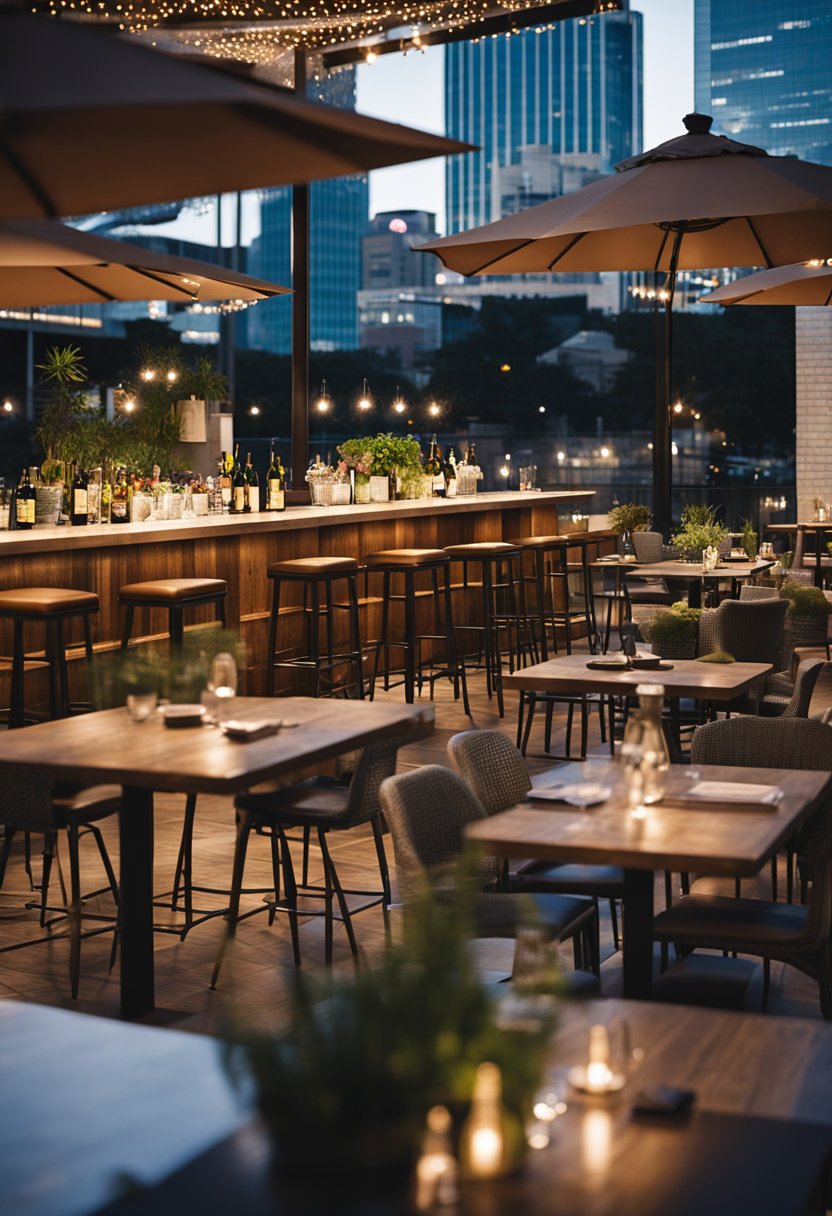 Guests enjoy dining and drinks at rooftop bars in Waco. The accommodations offer a vibrant and lively atmosphere with a beautiful view