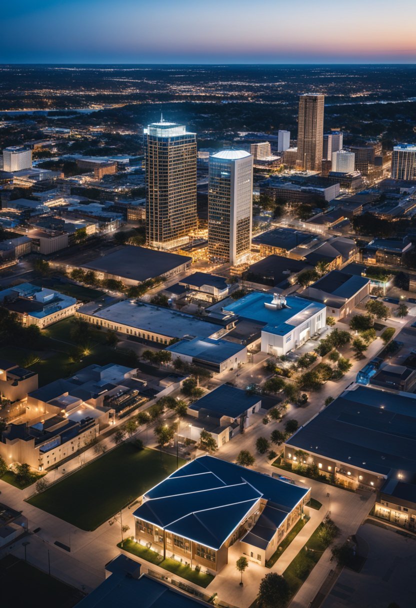 A city skyline with modern buildings and rooftop bars overlooking the city lights in Waco