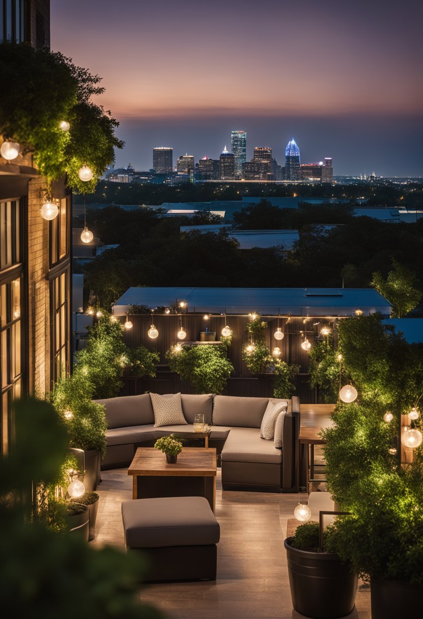 A rooftop bar with cozy seating and city views, surrounded by lush greenery and twinkling lights, overlooking the skyline of Waco