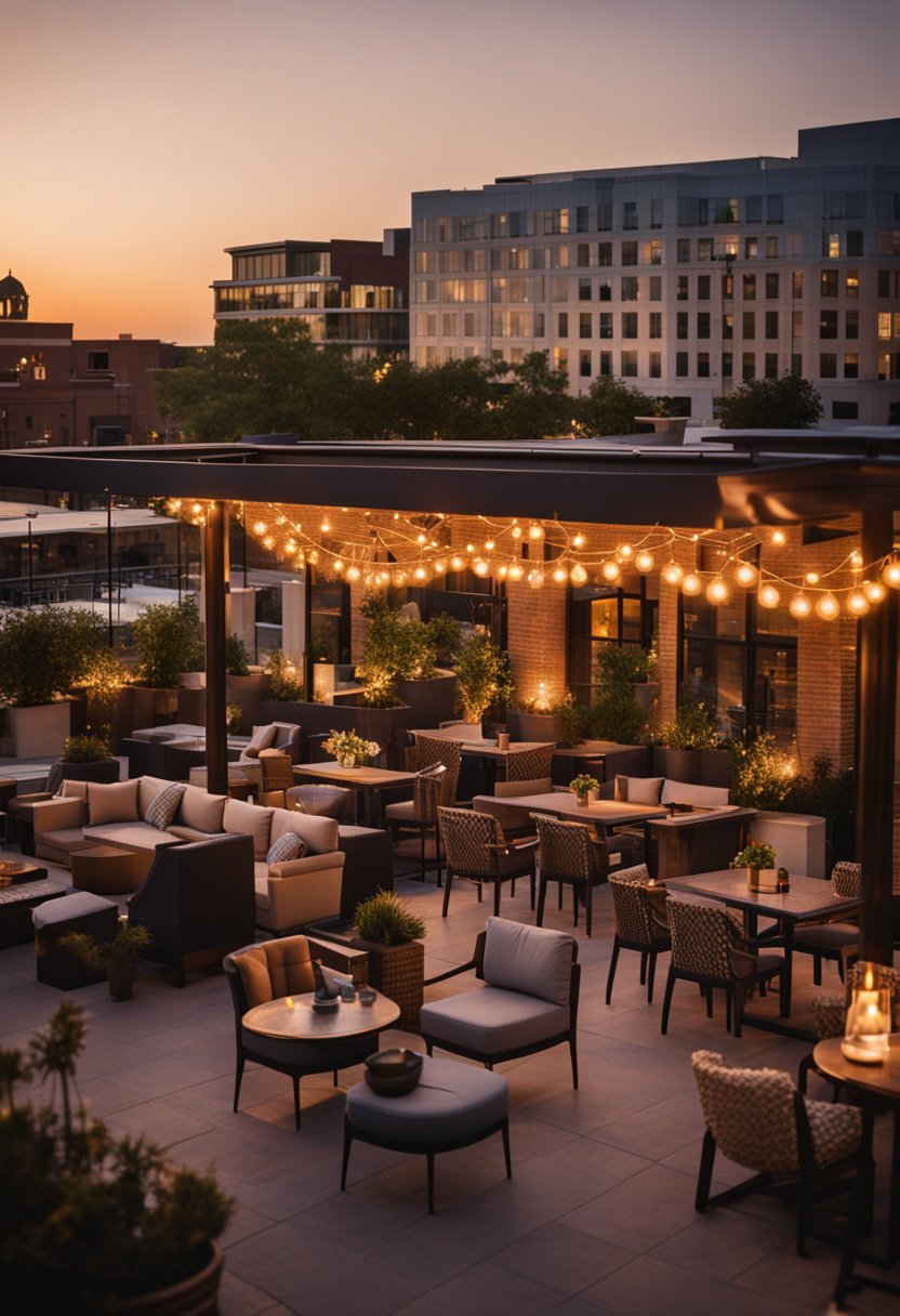 The sun sets over Hotel Herringbone, casting a warm glow on the rooftop bars. Guests relax in chic outdoor seating, enjoying the view of downtown Waco