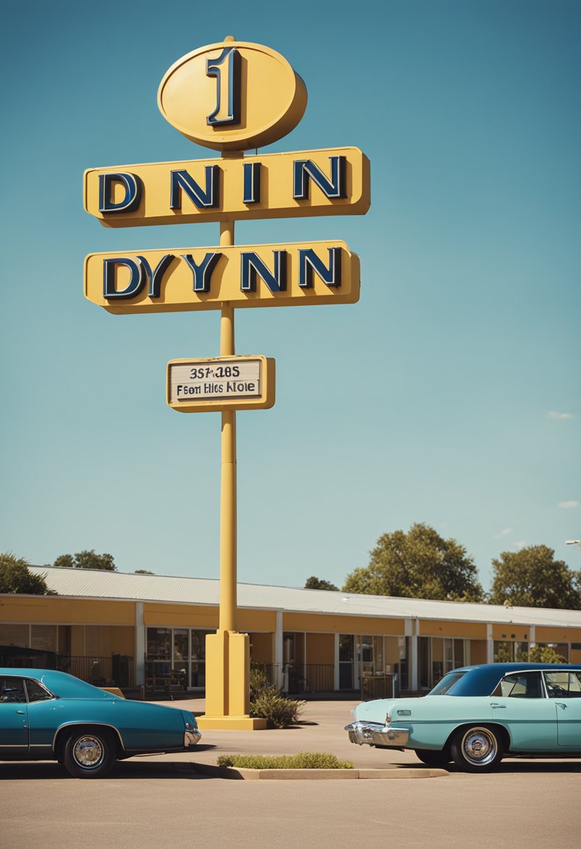 A bright yellow Days Inn sign stands tall against a clear blue sky, with a row of neatly parked cars in front of the budget-friendly hotel in Waco