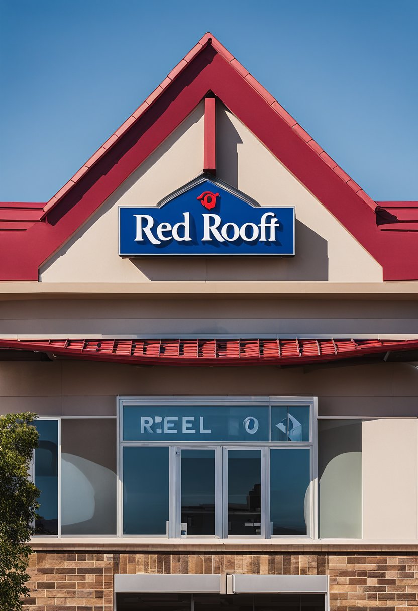 The Red Roof Inn Waco stands tall against a backdrop of blue skies, with its vibrant red roof shining in the sunlight. The hotel's sign proudly displays its name, welcoming guests to its budget-friendly accommodations in Waco