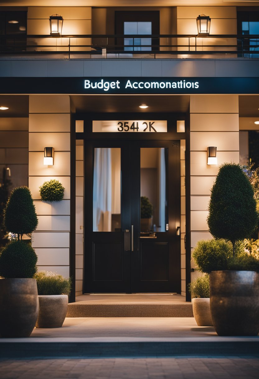 A cozy hotel with warm lighting and simple decor. A sign outside reads "Budget-Friendly Accommodations." Surrounding area is peaceful and inviting