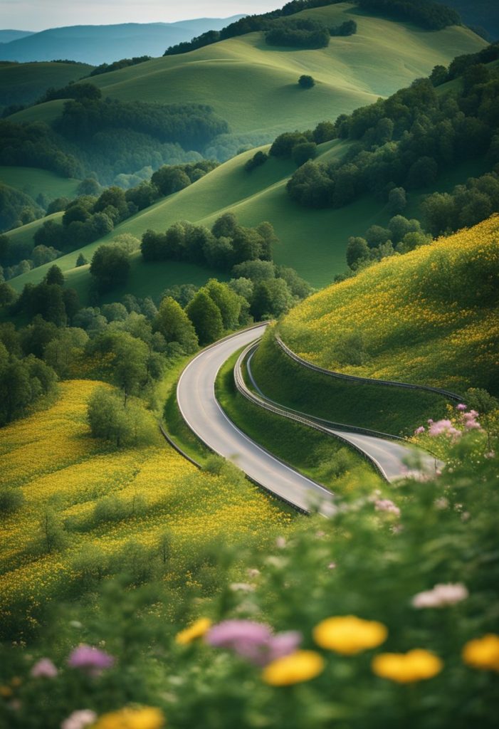 A winding road cuts through rolling hills with vibrant wildflowers and lush greenery, leading to a breathtaking overlook of a serene lake surrounded by towering trees