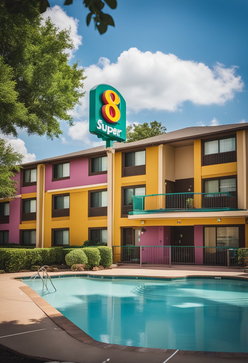 The Super 8 by Wyndham Waco University Area hotel features a colorful exterior with a welcoming entrance, surrounded by lush landscaping and a sparkling pool