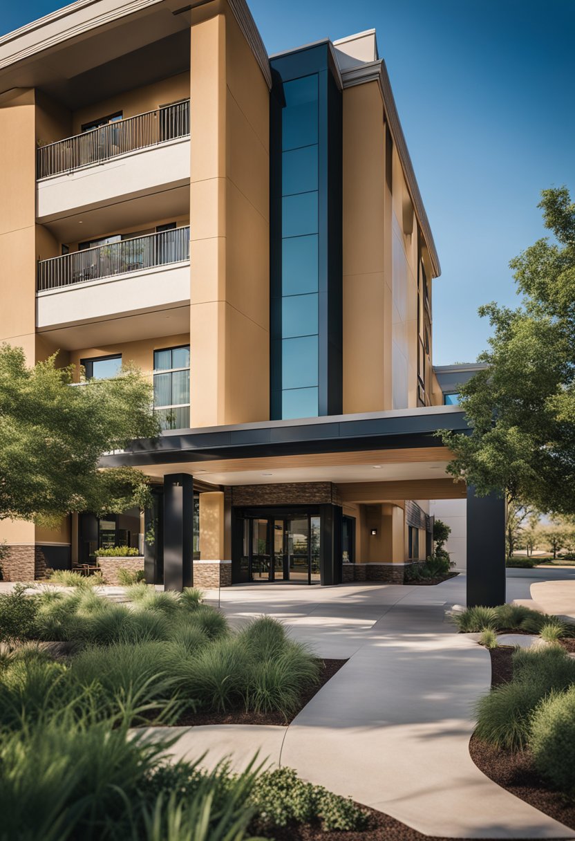 Atria Hotel and RV McGregor Budget-Friendly Hotels in Waco: A modern building with a welcoming entrance, surrounded by lush greenery and a spacious parking area