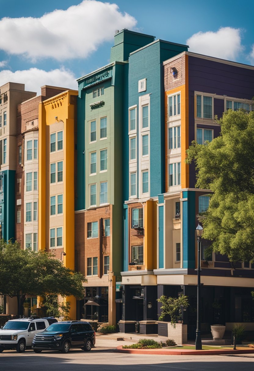A row of colorful budget-friendly hotels line a bustling street in Waco, Texas, with easy access to nearby attractions and amenities