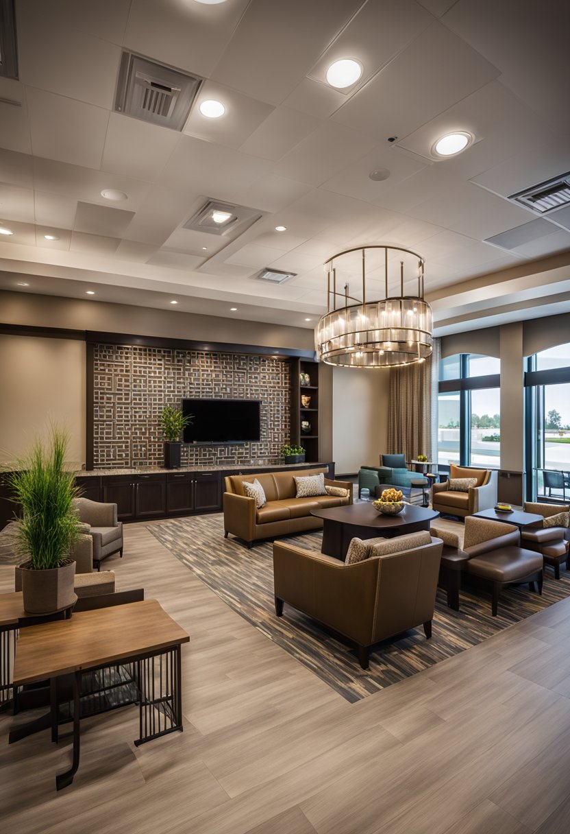 The lobby of Hampton Inn & Suites Waco features modern furnishings and a welcoming atmosphere. A cozy fireplace and comfortable seating areas provide a relaxing environment for guests