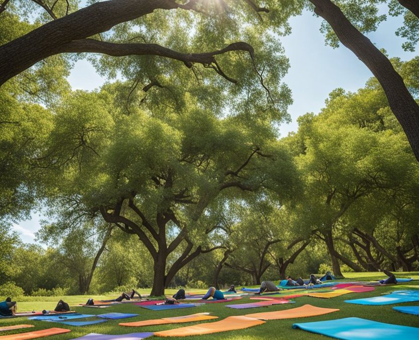 Group practicing outdoor yoga in Waco park