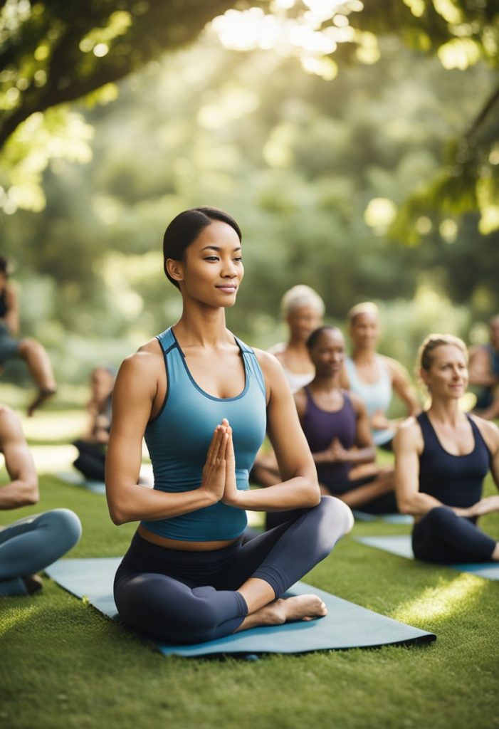 A group of people gather in a lush outdoor setting, practicing yoga and participating in fitness classes led by instructors. The serene atmosphere and natural surroundings create a peaceful and invigorating environment for the participants