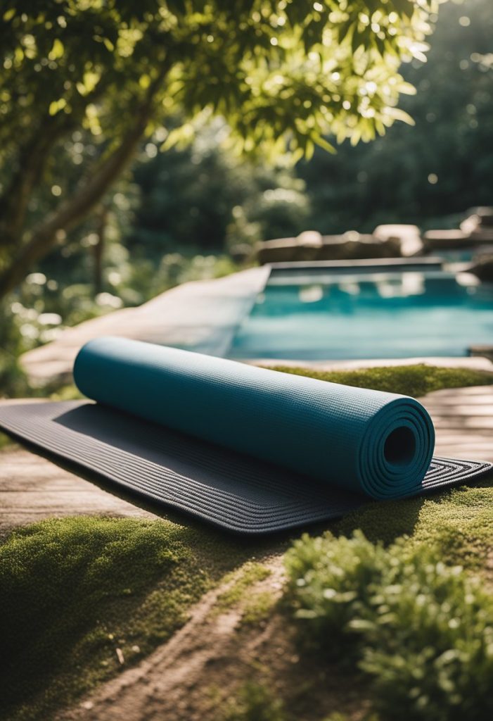 A serene outdoor setting with a yoga mat, surrounded by nature and sunlight, with a sense of tranquility and balance