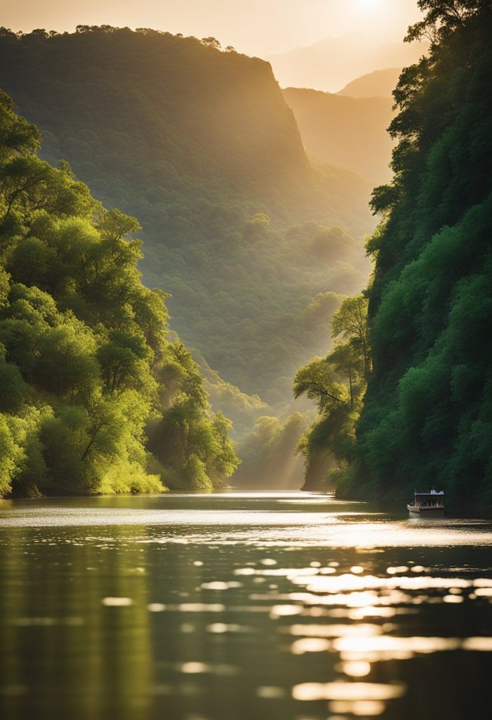 
The boat cruises along the tranquil river, passing by lush greenery and towering cliffs. The sun casts a warm glow on the water, creating a serene and picturesque scene for the illustrator to recreate.