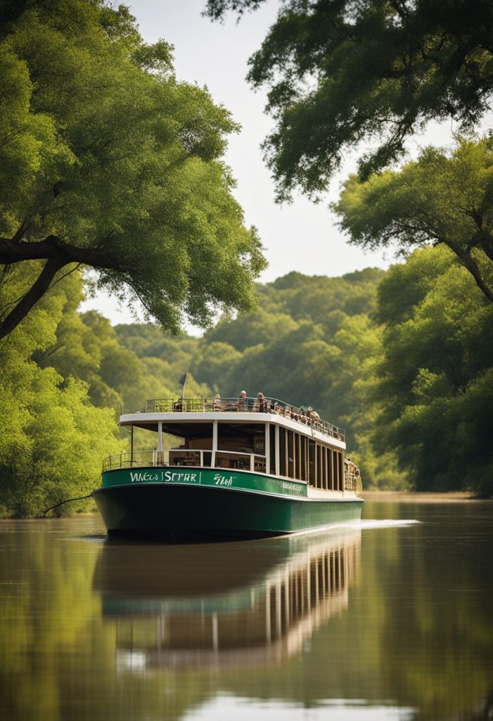 
As the boat glides down the tranquil Brazos River, surrounded by lush greenery and wildlife, the Waco River Safari logo is prominently displayed on the vessel.