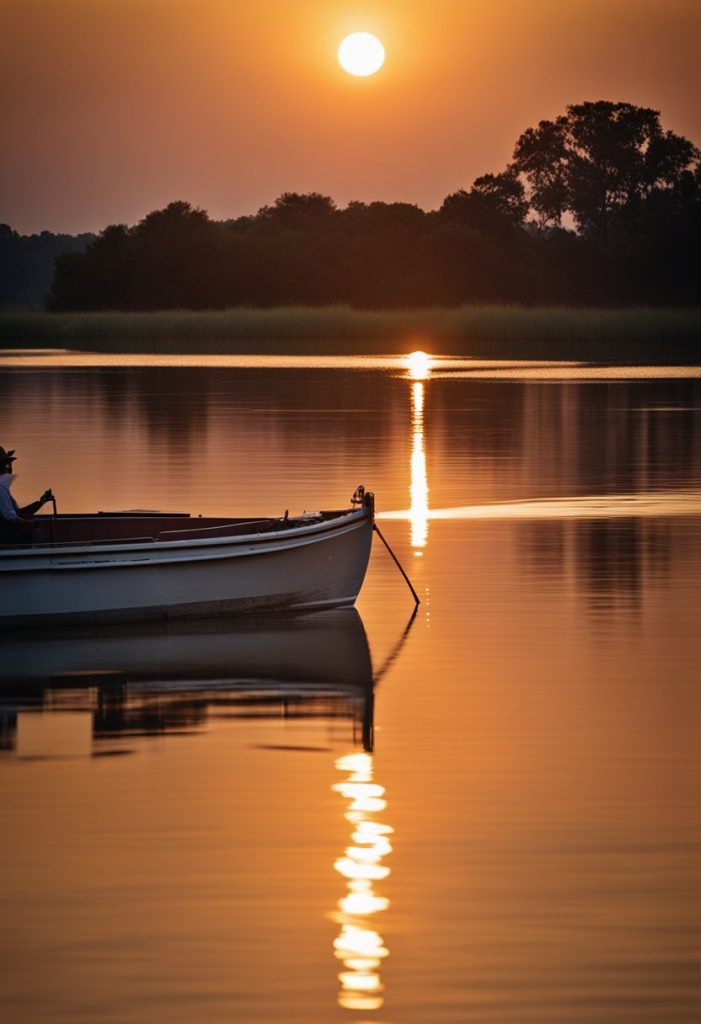 The sun sets over the calm river, casting a warm glow on the tranquil waters. A boat glides along, carrying passengers on a peaceful evening tour.