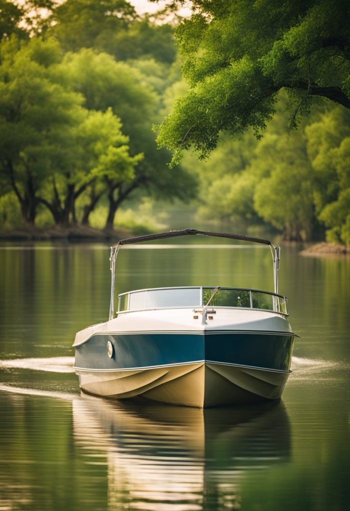 A boat glides along the tranquil waters of the Brazos River, passing by lush greenery and scenic landscapes in Waco