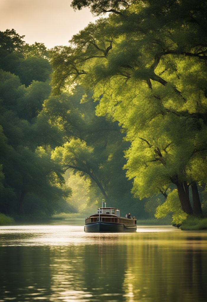 The boat glides along the tranquil Brazos River, passing under the shade of towering trees and alongside lush green banks. The water shimmers in the sunlight as wildlife chirps and rustles in the surrounding foliage