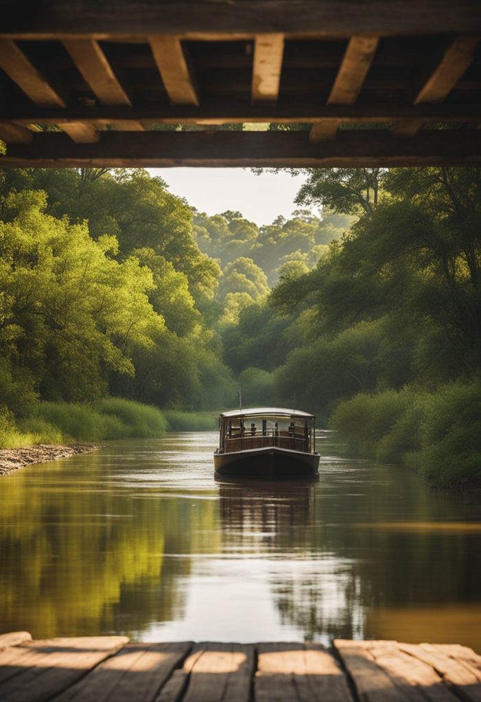 A boat glides along the tranquil Brazos River, passing under a rustic bridge and through lush greenery. The tour offers a peaceful and scenic experience