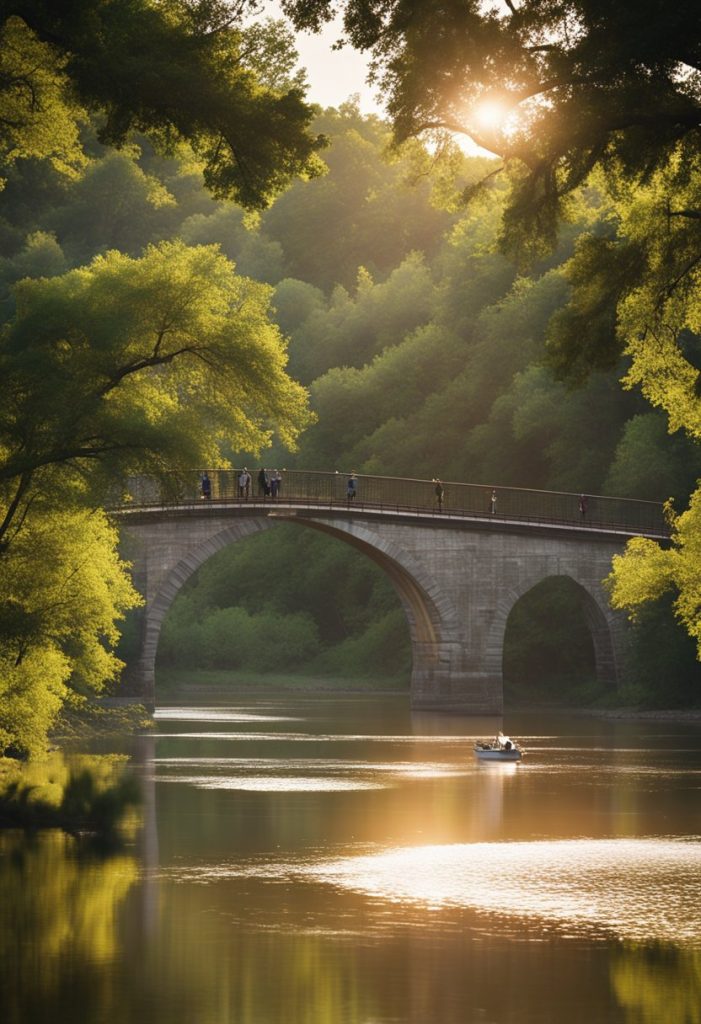 A boat glides down the winding Brazos River, passing under a historic bridge and through lush, green scenery. The sun shines overhead, casting a warm glow on the water
