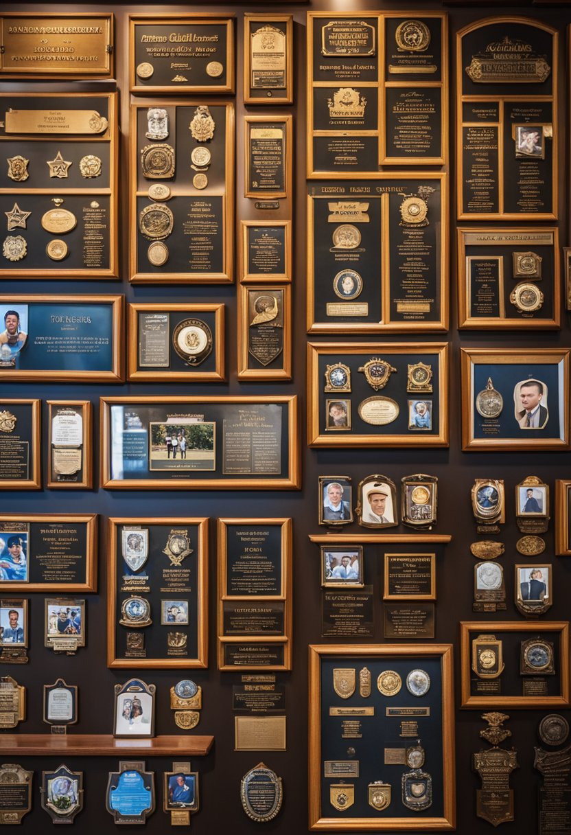 A wall of plaques with names and achievements, surrounded by memorabilia and photos of Texas sports legends