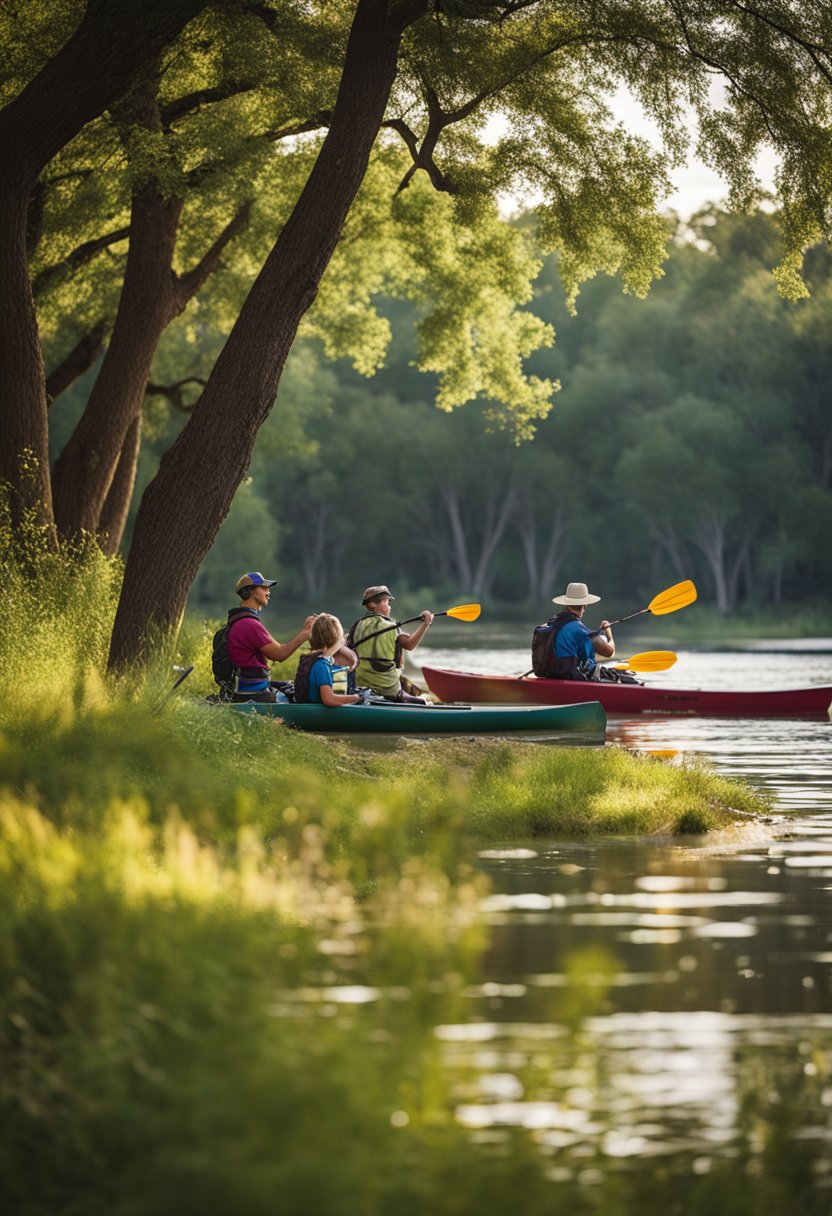 Families picnic, fish, and hike at Brazos Park East. Canoes and kayaks glide on the river. Trees provide shade