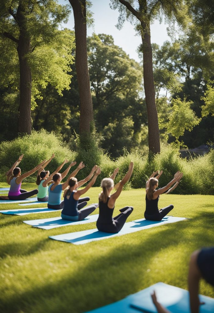 A group of people participate in outdoor yoga and fitness classes at the Pilates Center of Waco, surrounded by greenery and under a clear blue sky
