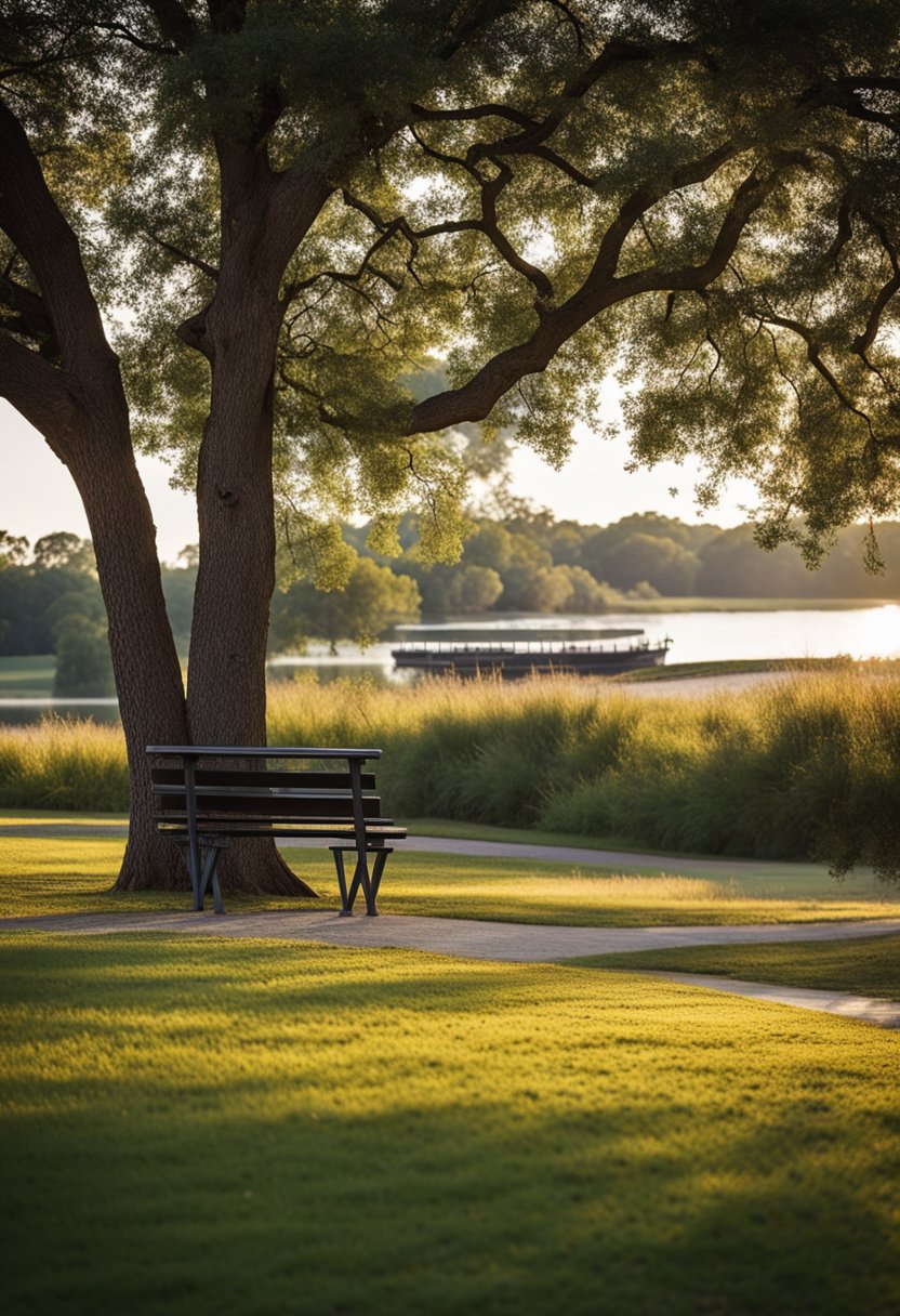 The scene at Brazos Park East includes playgrounds, picnic areas, and a boat ramp along the river. The park also features hiking trails and open fields for outdoor activities