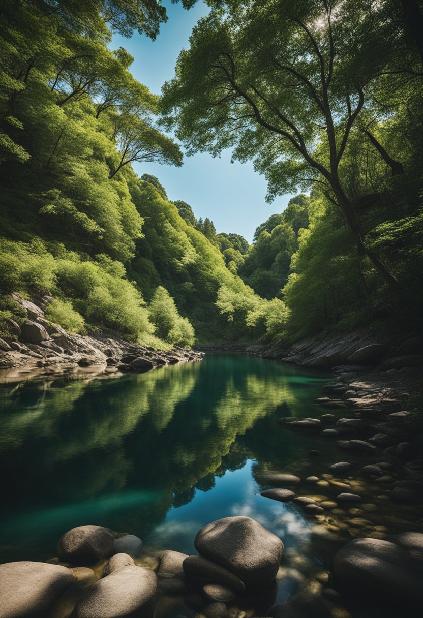 Lush greenery surrounds a winding river, with tall trees casting shadows on the water. Rocky cliffs line the shore, with a clear blue sky above