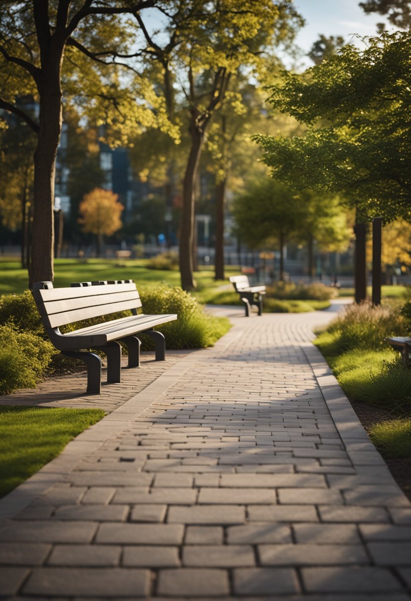 A paved path winds through the park, leading to a playground and picnic area. Benches and tables are scattered throughout, with clear signage for accessible facilities